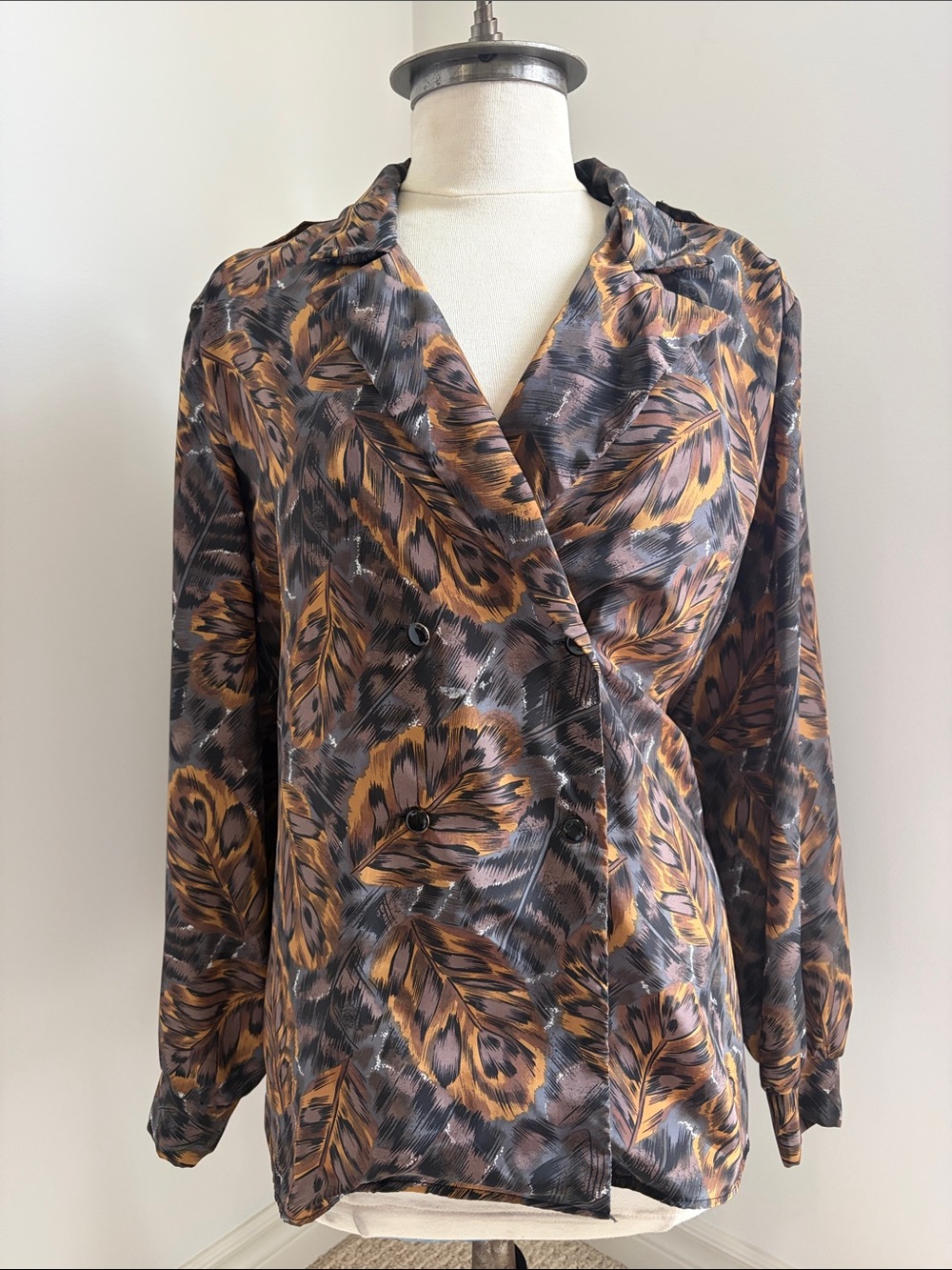 Feather-Print Double-Breasted Button-Down Blouse - Brown/Gray/Gold